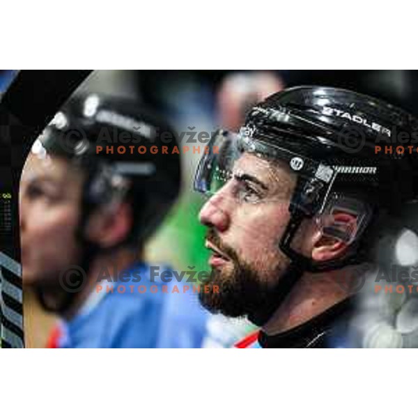 Nik Simsic in action during IceHL match between SZ Olimpija and Black Wings Linz in Ljubljana, Slovenia on November 22, 2024