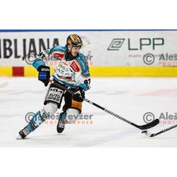 Rok Maver in action during IceHL match between SZ Olimpija and Black Wings Linz in Ljubljana, Slovenia on November 22, 2024