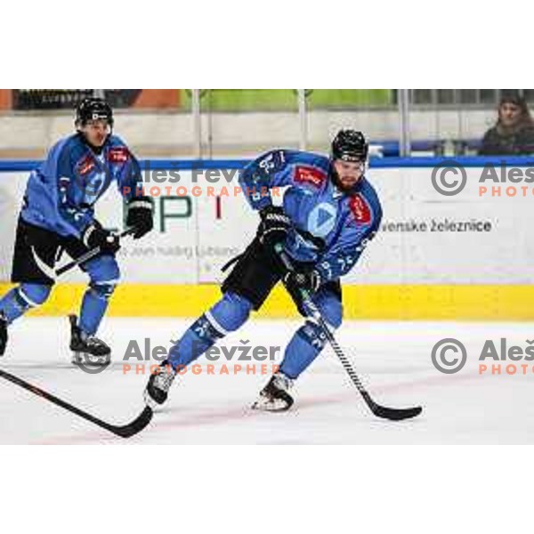 Miha Zajc in action during IceHL match between SZ Olimpija and Black Wings Linz in Ljubljana, Slovenia on November 22, 2024