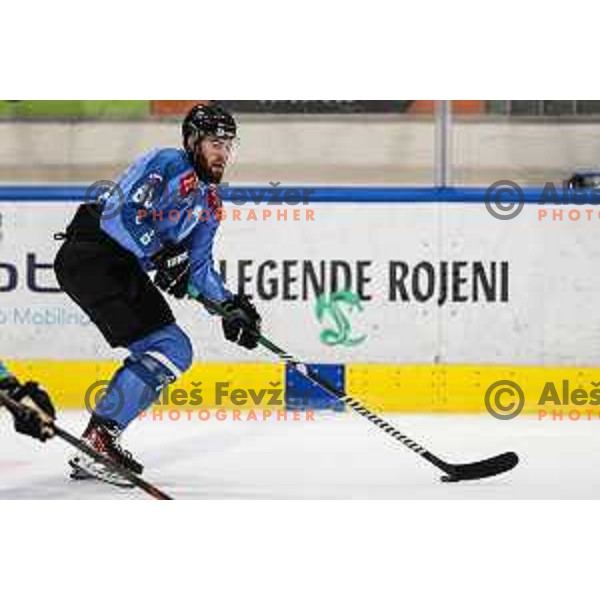 Miha Zajc in action during IceHL match between SZ Olimpija and Black Wings Linz in Ljubljana, Slovenia on November 22, 2024
