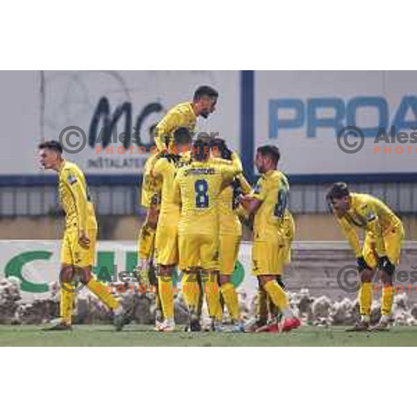 Rene Rantusa Lampreht and players of Domzale celebrate a goal during Prva liga Telemach 2024/2025 football match between Domzale and Nafta in Domzale on November 23, 2024