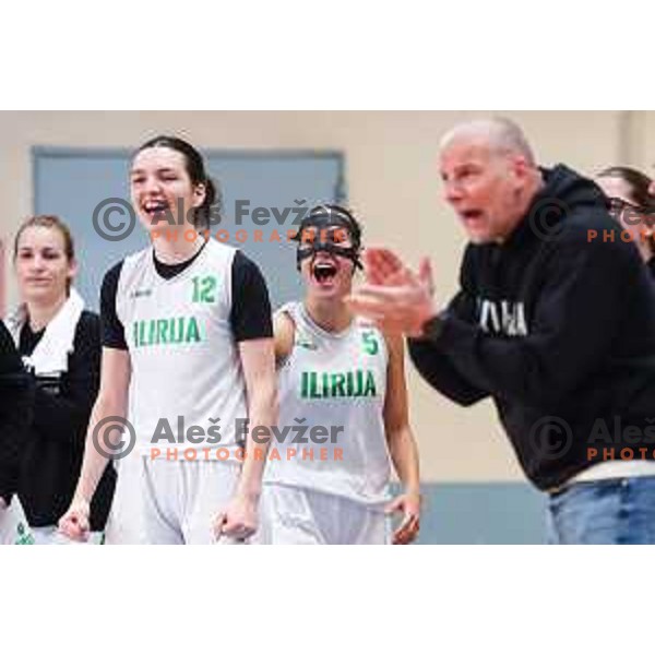 Jana Guska and Hana Sambolic in action during 1.SKL Women basketball match between Ilirija and Cinkarna Celje in Ljubljana, Slovenia on November 23, 2024