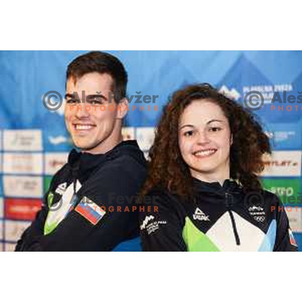 Peter John Stevens and Katja Fain of Slovenia Swimming team during press conference in Ljubljana on November 27, 2024