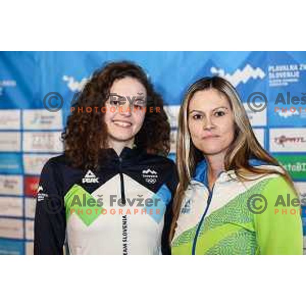 Katja Fain and her mother and coach Metka Sparavec of Slovenia Swimming team during press conference in Ljubljana on November 27, 2024