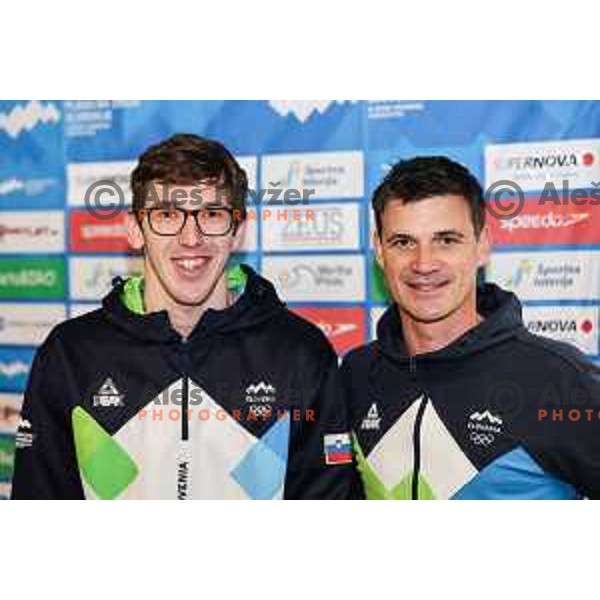 Saso Boskan and coach Luka Berdajs of Slovenia Swimming team during press conference in Ljubljana on November 27, 2024