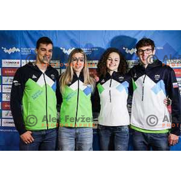 Peter John Stevens, Janja Segel, Katja Fain and Saso Boskan of Slovenia Swimming team during press conference in Ljubljana on November 27, 2024 