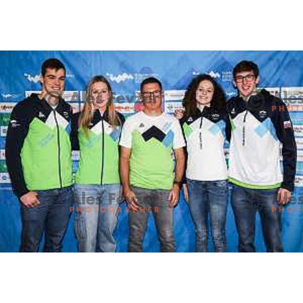 Peter John Stevens, Janja Segel, Gorazd Podrzavnik, Katja Fain and Saso Boskan of Slovenia Swimming team during press conference in Ljubljana on November 27, 2024 