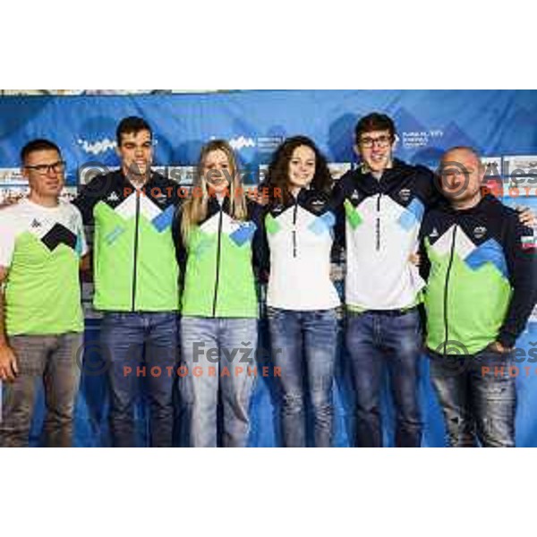 Gorazd Podrzavnik, Peter John Stevens, Janja Segel, Katja Fain, Saso Boskan and Tomaz Torkar of Slovenia Swimming team during press conference in Ljubljana on November 27, 2024