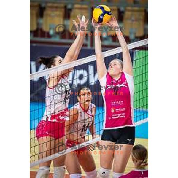 Nika Milosic vs Hilda Gustafsson in action during CEV Volleyball Cup 2025 volleyball match between OTP Banka Branik and Vandoeuvre Nancy VB in Lukna, Maribor, Slovenia on November 27, 2024. Photo: Jure Banfi