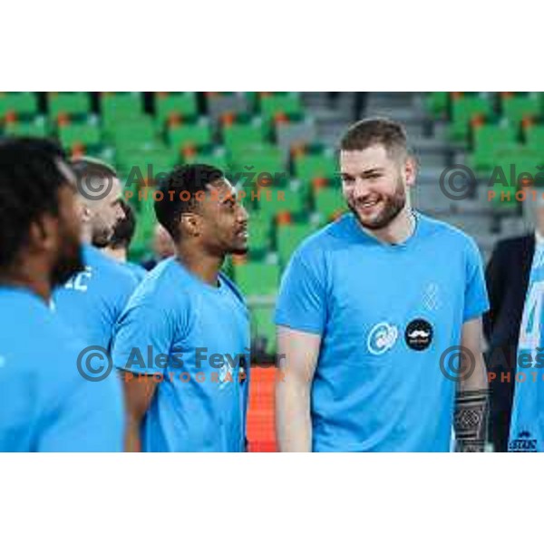 Brynton Lemar and Martinas Geben during warm-up prior to BKT EuroCup 2024/2025 basketball match between Cedevita Olimpija and Veolia Towers Hamburg in SRC Stozice, Ljubljana, Slovenia on November 28, 2024