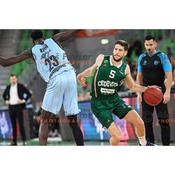 Aleksej Nikolic in action during BKT EuroCup 2024/2025 basketball match between Cedevita Olimpija and Veolia Towers Hamburg in SRC Stozice, Ljubljana, Slovenia on November 28, 2024