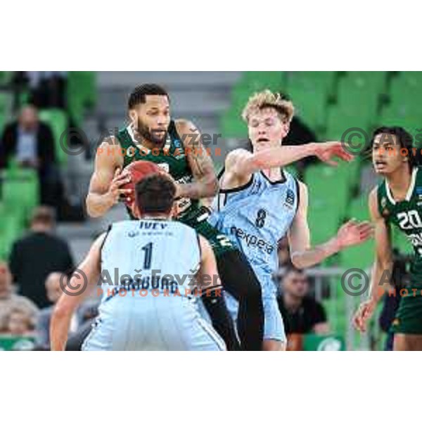 Devante Jones in action during BKT EuroCup 2024/2025 basketball match between Cedevita Olimpija and Veolia Towers Hamburg in SRC Stozice, Ljubljana, Slovenia on November 28, 2024