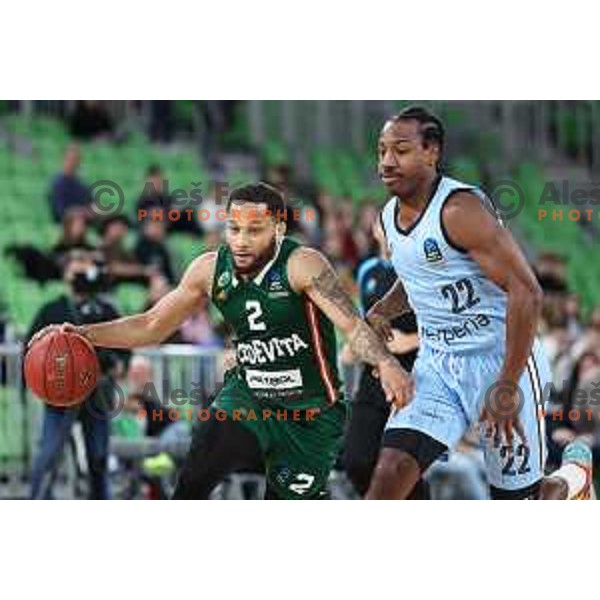 Devante Jones in action during BKT EuroCup 2024/2025 basketball match between Cedevita Olimpija and Veolia Towers Hamburg in SRC Stozice, Ljubljana, Slovenia on November 28, 2024