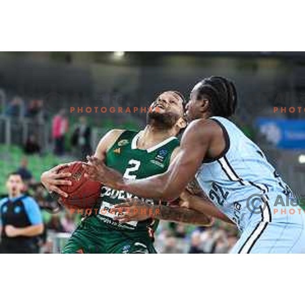 Devante Jones in action during BKT EuroCup 2024/2025 basketball match between Cedevita Olimpija and Veolia Towers Hamburg in SRC Stozice, Ljubljana, Slovenia on November 28, 2024