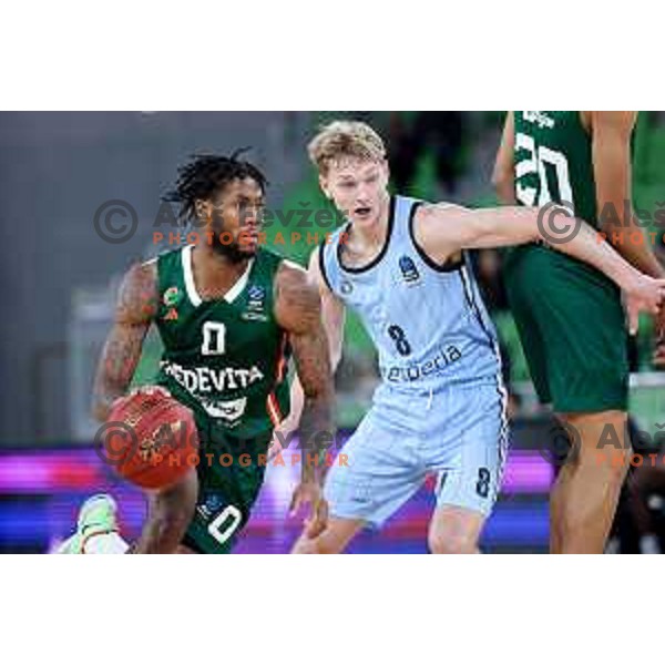 DJ Stewart of Cedevita Olimpija and Jared Grey of Veolia Towers Hamburg in action during BKT EuroCup 2024/2025 basketball match between Cedevita Olimpija and Veolia Towers Hamburg in Ljubljana, Slovenia on November 28, 2024. Photo: Filip Barbalic