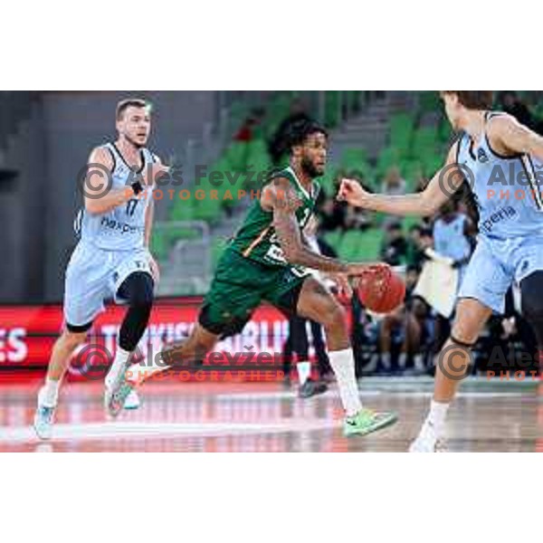 DJ Stewart of Cedevita Olimpija in action during BKT EuroCup 2024/2025 basketball match between Cedevita Olimpija and Veolia Towers Hamburg in Ljubljana, Slovenia on November 28, 2024. Photo: Filip Barbalic