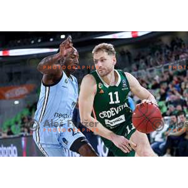 Jaka Blazic of Cedevita Olimpija in action during BKT EuroCup 2024/2025 basketball match between Cedevita Olimpija and Veolia Towers Hamburg in Ljubljana, Slovenia on November 28, 2024. Photo: Filip Barbalic