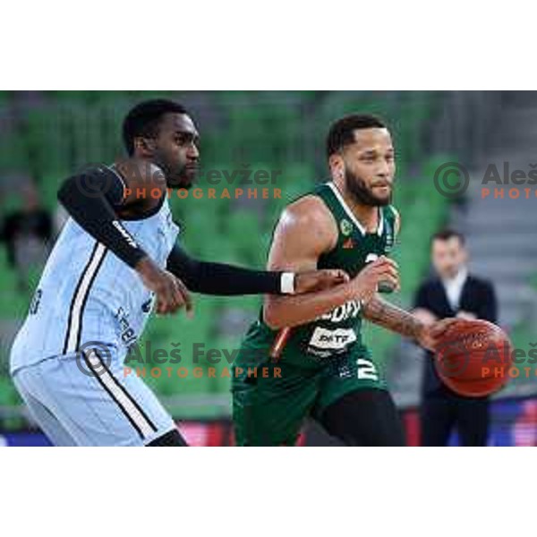 Devante Jones of Cedevita Olimpija in action during BKT EuroCup 2024/2025 basketball match between Cedevita Olimpija and Veolia Towers Hamburg in Ljubljana, Slovenia on November 28, 2024. Photo: Filip Barbalic