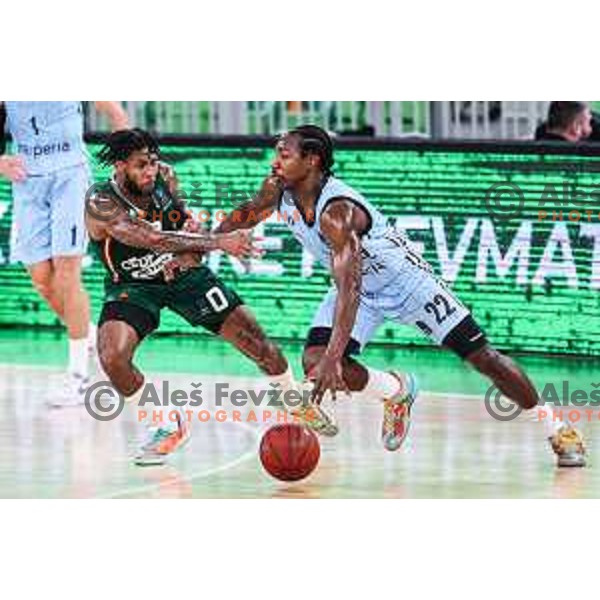 DJ Stewart in action during BKT EuroCup 2024/2025 basketball match between Cedevita Olimpija and Veolia Towers Hamburg in SRC Stozice, Ljubljana, Slovenia on November 28, 2024