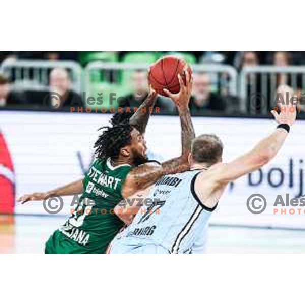 DJ Stewart in action during BKT EuroCup 2024/2025 basketball match between Cedevita Olimpija and Veolia Towers Hamburg in SRC Stozice, Ljubljana, Slovenia on November 28, 2024