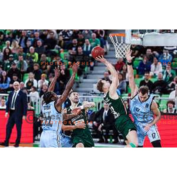 Jaka Blazic in action during BKT EuroCup 2024/2025 basketball match between Cedevita Olimpija and Veolia Towers Hamburg in SRC Stozice, Ljubljana, Slovenia on November 28, 2024