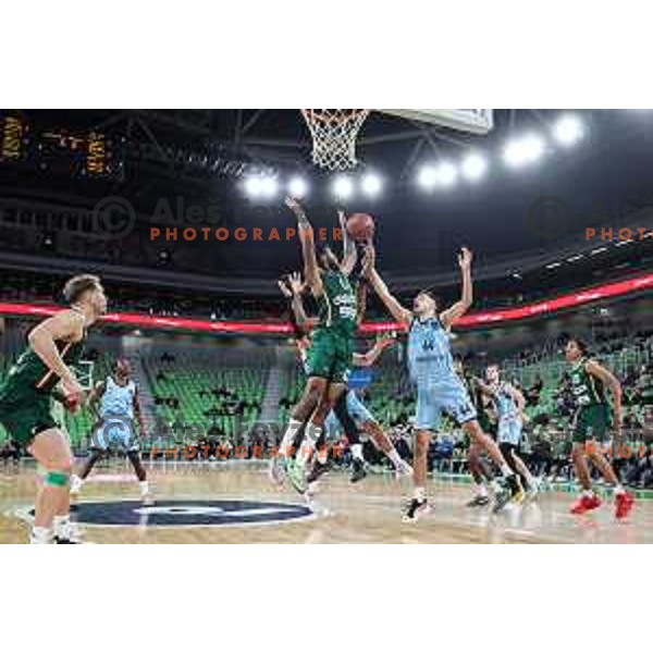 DJ Stewart in action during BKT EuroCup 2024/2025 basketball match between Cedevita Olimpija and Veolia Towers Hamburg in SRC Stozice, Ljubljana, Slovenia on November 28, 2024