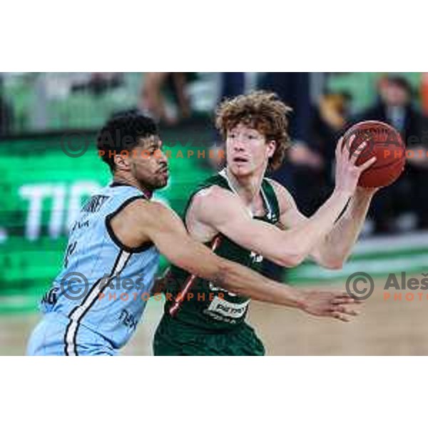 Ziga Daneu in action during BKT EuroCup 2024/2025 basketball match between Cedevita Olimpija and Veolia Towers Hamburg in SRC Stozice, Ljubljana, Slovenia on November 28, 2024