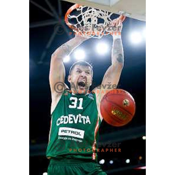 Andrija Stipanovic of Cedevita Olimpija in action during BKT EuroCup 2024/2025 basketball match between Cedevita Olimpija and Veolia Towers Hamburg in Ljubljana, Slovenia on November 28, 2024. Photo: Filip Barbalic