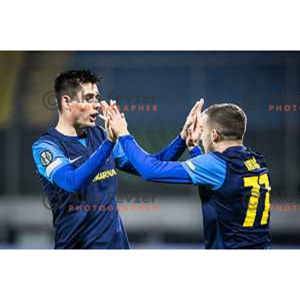 Svit Seslar and Ivan Brnic celebrating during UEFA Conference League 2024/25 football match between Celje and Jagiellonia Bialystok in Stadion z’dezele, Celje, Slovenia on November 27, 2024. Photo: Jure Banfi