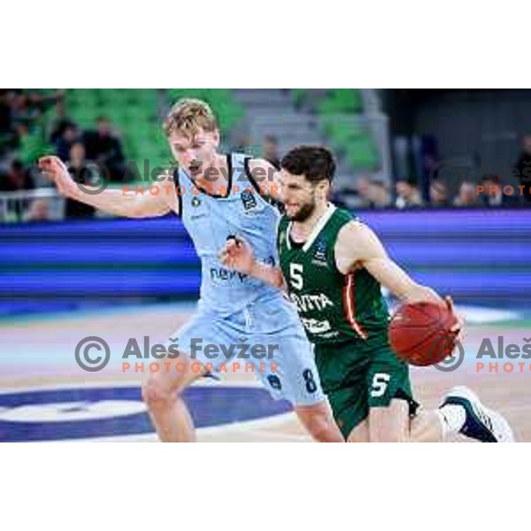 Aleksej Nikolic of Cedevita Olimpija and Jared Grey of Veolia Towers Hamburg in action during BKT EuroCup 2024/2025 basketball match between Cedevita Olimpija and Veolia Towers Hamburg in Ljubljana, Slovenia on November 28, 2024. Photo: Filip Barbalic