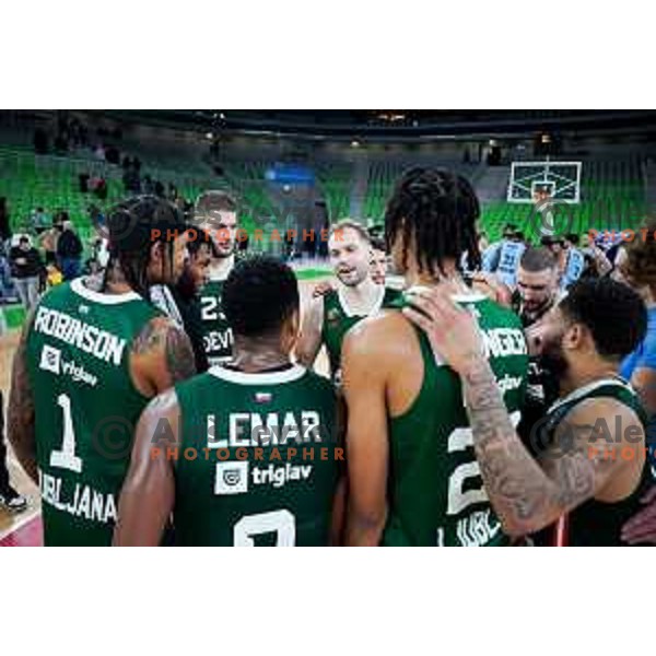 Jaka Blazic and players of Cedevita Olimpija after BKT EuroCup 2024/2025 basketball match between Cedevita Olimpija and Veolia Towers Hamburg in Ljubljana, Slovenia on November 28, 2024. Photo: Filip Barbalic