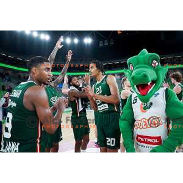 DJ Stewart and Joan Beringer of Cedevita Olimpija after BKT EuroCup 2024/2025 basketball match between Cedevita Olimpija and Veolia Towers Hamburg in Ljubljana, Slovenia on November 28, 2024. Photo: Filip Barbalic