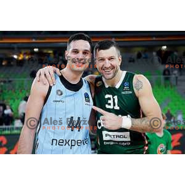 Andrija Stipanovic of Cedevita Olimpija and Benedikt Tuduric of Veolia Towers Hamburg after BKT EuroCup 2024/2025 basketball match between Cedevita Olimpija and Veolia Towers Hamburg in Ljubljana, Slovenia on November 28, 2024. Photo: Filip Barbalic