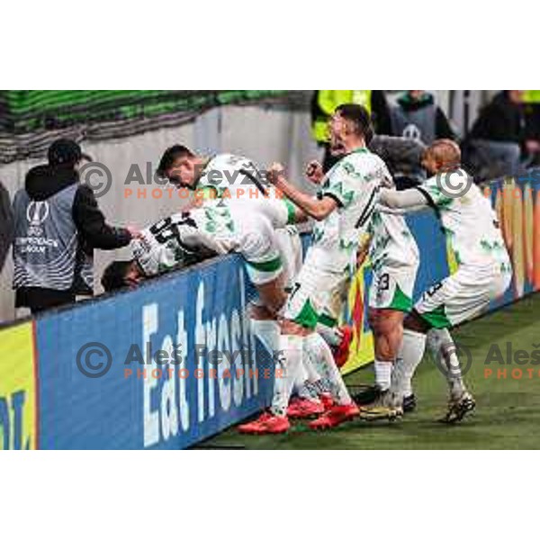 Ahmet Muhamedbegovic, Ivan Durdov and players of Olimpija celebrate a goal during UEFA Conference League 2024/25 football match between Olimpija and Larne in Ljubljana, Slovenia on November 28, 2024