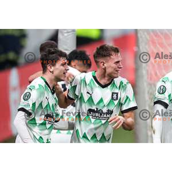 Ivan Durdov, Antonio Marin and players of Olimpija celebrate a goal during UEFA Conference League 2024/25 football match between Olimpija and Larne in Ljubljana, Slovenia on November 28, 2024