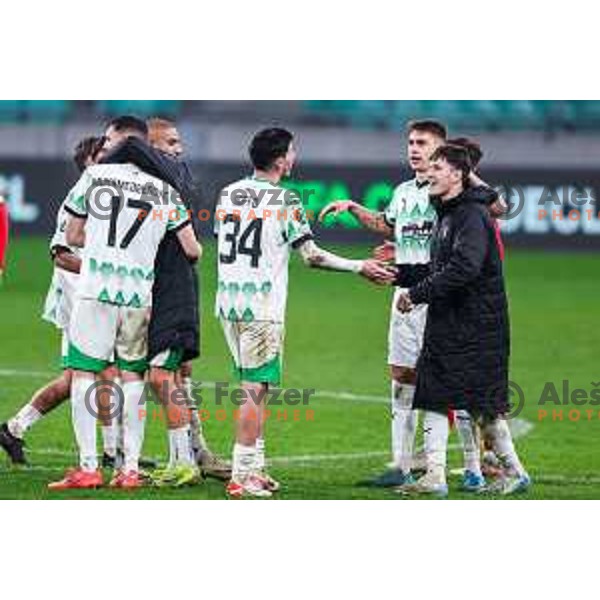 Agustin Doffo, Marko Brest and players of Olimpija celebrate victory at UEFA Conference League 2024/25 football match between Olimpija and Larne in Ljubljana, Slovenia on November 28, 2024