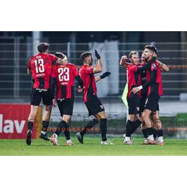 Zan Besir and players of Primorje celebrate a goal during Prva liga Telemach 2024/2025 football match between Primorje and Mura in Nova Gorica, Slovenia on November 30, 2024
