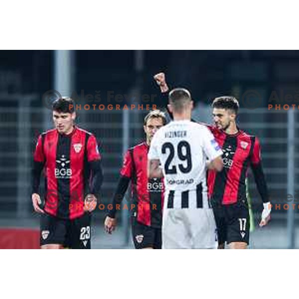 Zan Besir and players of Primorje celebrate a goal during Prva liga Telemach 2024/2025 football match between Primorje and Mura in Nova Gorica, Slovenia on November 30, 2024