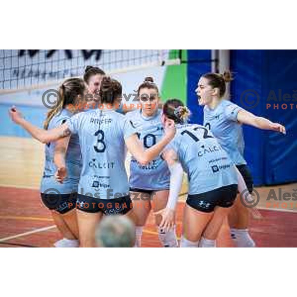 Sara Najdic and Asja Sen celebrating during Slovenian league women volleyball match between OTP Banka Branik and Calcit Volley in Lukna, Maribor, Slovenia on November 30, 2024. Photo: Jure Banfi