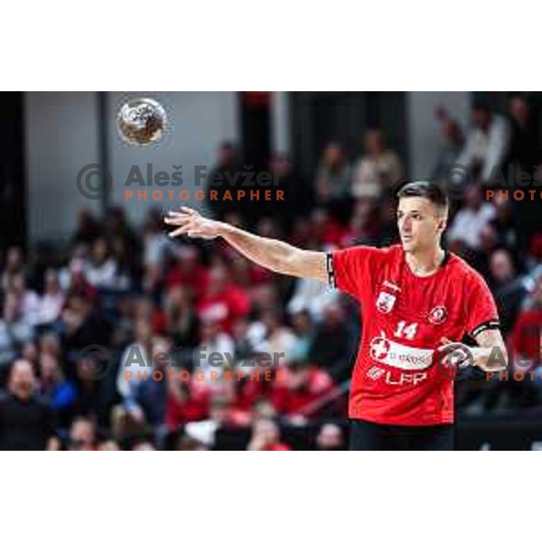 in action during 1.NLB League handball match between LL Grosist Slovan and Gorenje Velenje in Ljubljana, Slovenia on November 30, 2024