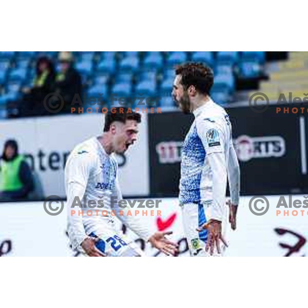 Danijel Sturm and players of Domzale celebrate goal at Prva liga Telemach 2024/2025 football match between Celje and Domzale in Celje, Slovenia on December 7, 2024