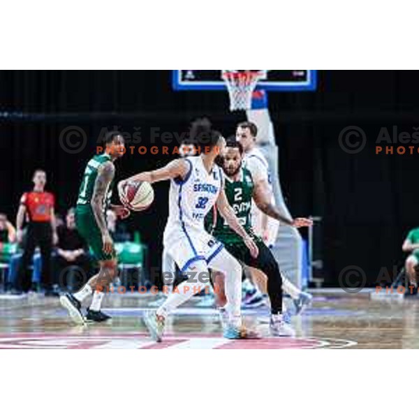 Devante Jones in action during ABA League 2024/2025 basketball match between Cedevita Olimpija and Spartak Office Shoes in Ljubljana, Slovenia on December 8, 2024