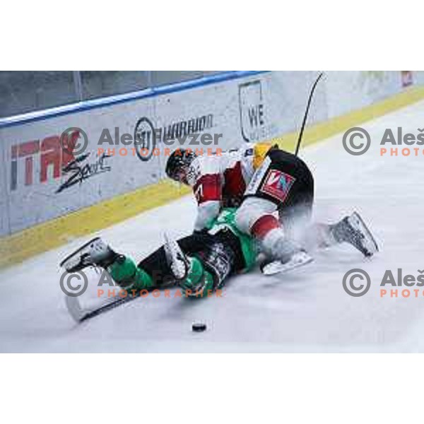 Nik Simsic in action during IceHL match between SZ Olimpija and Vorarlberg Pioneers in Ljubljana, Slovenia on December 13, 2024