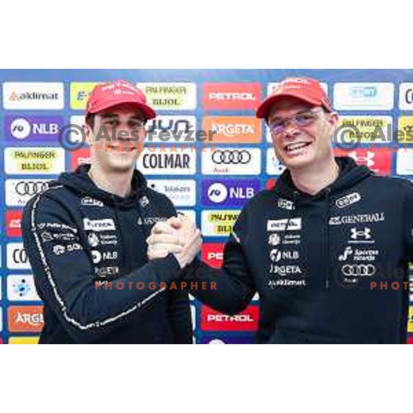 Zan Kranjec and Miha Verdnik, coach of Slovenia Alpine Ski team during press conference in Ljubljana on December 16, 2024