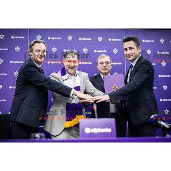 Gvido Jemensek, John Denhof, Bojan Ban and Cem Basgul during NK Maribor and OTP Banka new contract signing in Ljudski vrt, Maribor, Slovenia on December 16, 2024. Photo: Jure Banfi