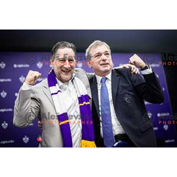 John Denhof and Bojan Ban during NK Maribor and OTP Banka new contract signing in Ljudski vrt, Maribor, Slovenia on December 16, 2024. Photo: Jure Banfi