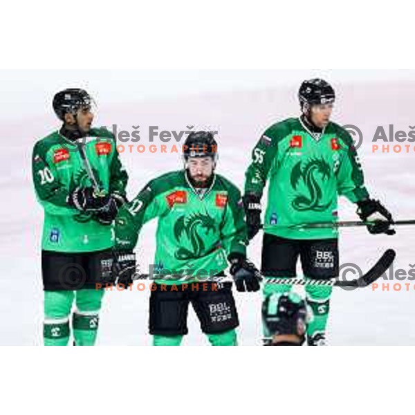 Arvin Atwal, Nik Simsic and Robert Sabolic of SZ Olimpija in action during IceHL hockey match between SZ Olimpija and Hydro Fehervar AV19 in Ljubljana, Slovenia on Decemeber 22, 2024. Photo: Filip Barbalic