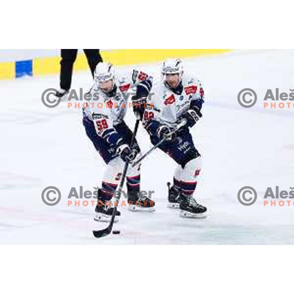Joel Messner and Balint Magosi of Hydro Fehervar AV19 in action during IceHL hockey match between SZ Olimpija and Hydro Fehervar AV19 in Ljubljana, Slovenia on Decemeber 22, 2024. Photo: Filip Barbalic