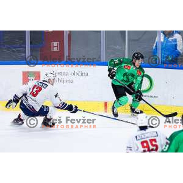 Jaka Sodja of SZ Olimpija in action during IceHL hockey match between SZ Olimpija and Hydro Fehervar AV19 in Ljubljana, Slovenia on Decemeber 22, 2024. Photo: Filip Barbalic