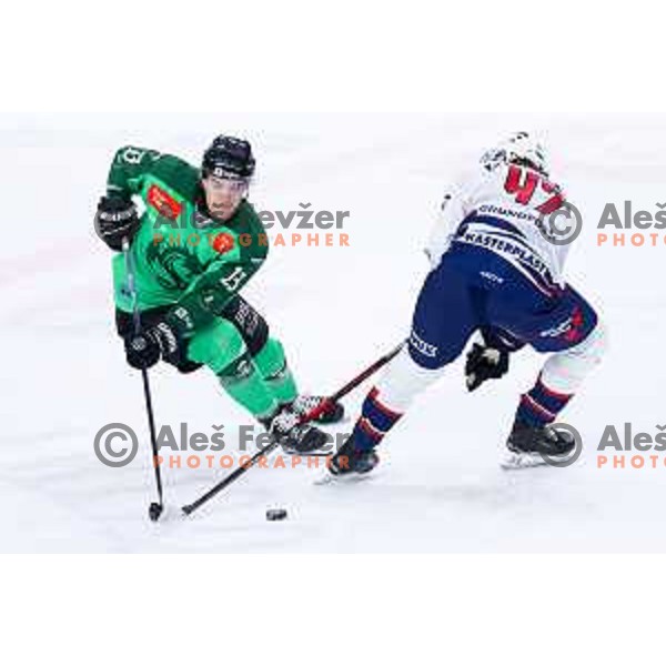 Jaka Sodja of SZ Olimpija in action during IceHL hockey match between SZ Olimpija and Hydro Fehervar AV19 in Ljubljana, Slovenia on Decemeber 22, 2024. Photo: Filip Barbalic